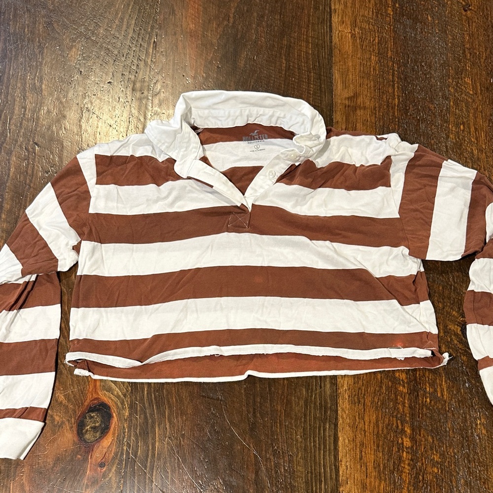 Hollister Brown and White Striped cropped rugby Shirt